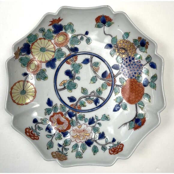 VTG 7.5" Handpainted Kutani Floral Scalloped Porcelain Shallow Bowl Dish Marked - Picture 2 of 5